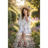 Butik Kız Çocuk Çiçek Desenli Fiyonklu Elbise - 5 - 6 Yaş - Krem