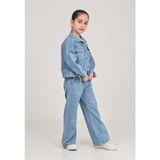 Butik Kız Çocuk Fiyonk Desenli Jean Ceket ve Geniş Paça Pantolon Takımı - Mavi - 7 - 8 Yaş