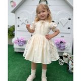 Butik Kız Çocuk Özel Tasarım %100 Pamuklu Elbise - 7 - 8 Yaş - Krem