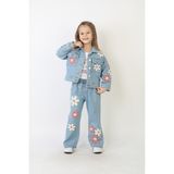 Butik Kız Çocuk Papatya Nakışlı Kot Ceket ve Pantolon Takım - Mavi - 4 - 5 Yaş