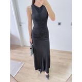 Butik Kolsuz Büzgülü Uzun Elbise - Siyah