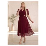 Butik Nilyam Kadın Büyük Beden Kısa Kol Kruvaze Yaka Bel Broş Detaylı Şifon Midi Abiye Elbise 26000 Bordo