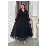 Butik Nilyam Kadın Büyük Beden Kruvaze Yaka Uzun Kol Payet Detaylı Şifon Uzun Abiye 24087