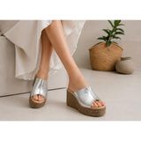 Butik Noble Shoes Hakiki Deri Dolgu Topuk Kadın Terlik - Gümüş