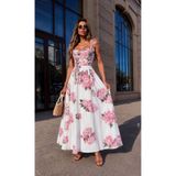 Butik Şenel Vintage Çiçek Desenli Askılı Uzun Keten Maksi Elbise