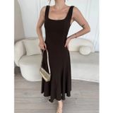 Butik Sırt Dekolteli Kolsuz Uzun Elbise - Kahverengi
