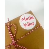 Butik Sosyetik Mutlu Yıllar Kırmızı Yazılı 5 cm Yuvarlak Sticker Etiket 100 Adet