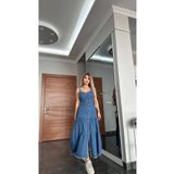 Butik YENİ SEZON KOT ELBİSE DÜĞMELİ SIRT DEKOLTELİ BAĞCIK DETAYLI