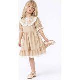 Butik Yeni Sezon Vintage Yaka Detaylı Nakış Işleme Elbise - 7 - 8 Yaş - Bej