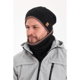Butikgiz Erkek Siyah Polar Dış, Kahve Pamuklu İç Kısım Çift Renk Çift Katman Katlanabilir Bere Boyunluk Set