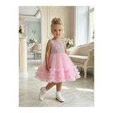 BUTİKHAPPYKİDS Kız Çocuk Pembe Payetli Volanlı Tüllü Prenses Abiye Elbise 1-5 Yaş