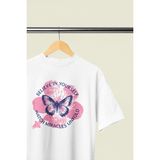 Butterfly Baskılı Oversıze Retro Vintage Bisiklet Yaka Pamuklu Kadın ve Erkek Tshırt - Beyaz - XL