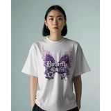 Butterfly Graffiti Elegance Mor Kelebek Baskılı Oversize Kadın Tişört Siyah Ve Beyaz Renk Seçenekli