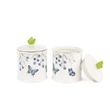 Butterfly Lovers 2'li Kavanoz Seti, 14cm, Porselen, Kelebek ve Çiçek Desenli, Yeşil Kelebek Kulplu Kapak