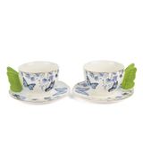 Butterfly Lovers Porselen Çay Fincan Seti, Mavi Kelebek ve Çiçek Desenli, Altın Yaldızlı, 250cc, 2 Fincan ve Tabak 2 KİŞİLİK