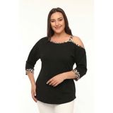 Büyük Beden Asimetrik Tek Omuz Leopar Bant Leopar Kol Ucu Detaylı Bluz, Siyah Leopar, 46-48