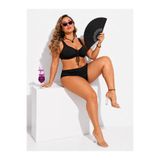 Büyük Beden Balenli Büzgülü Geniş Toparlayıcı Yüksek Bel Kadın Bikini Takım Siyah 50
