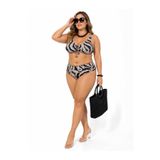 Büyük Beden Balenli Desenli Önden Büzgü Detaylı Sabit Pedli Yüksek Bel Kadın Bikini Takım Desenli 50