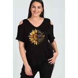 Büyük Beden Be The Sunshine Baskılı Omuzu V Pencere Kısa Kol Bluz - Siyah - 46 - 48