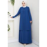 Büyük Beden Boncuklu Taşlı Anne Elbisesi Indigo HM2693 - 48