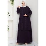 Büyük Beden Boncuklu Taşlı Anne Elbisesi Mor HM2693 - 46