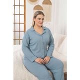 Büyük Beden Boydan Düğmeli Kaşkorse Kumaş Pijama Takımı