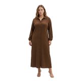 Büyük Beden Bürümcük Kumaş Uzun Elbise – Gömlek Yaka, Boydan Düğmeli-Kahverengi-3XL