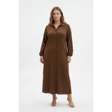 Büyük Beden Bürümcük Kumaş Uzun Elbise – Gömlek Yaka, Boydan Düğmeli-Kahverengi-5XL
