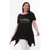 Büyük Beden Daisies Baskılı Kısa Kol Yırtmaçlı Basic Bluz - 42 - 44 - Siyah