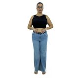 Büyük Beden Denim Kemerli Yüksek Bel Toparlayıcı Bol Paça Kadın Pantolon