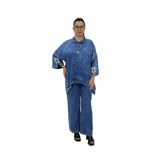 Büyük Beden Denim Tensel İnci Boncuk İşlemeli Kapri Kol Yarım Düğme Detaylı Kadın Takım