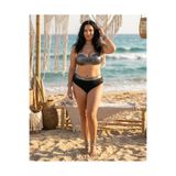 Büyük Beden Destekli Straplez Kesim Parlak Toparlayıcı Yüksek Bel Kadın Bikini Takım