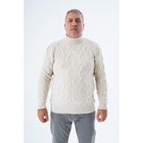 Büyük Beden Erkek Bej Balıkçı Yaka Pirinç Saç Örgülü Yün Triko Örme Kazak TRIST-2118 - 6XL