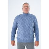 Büyük Beden Erkek Indigo Balıkçı Yaka Pirinç Saç Örgülü Yün Triko Örme Kazak TRIST-2118 - İndigo - 3XL