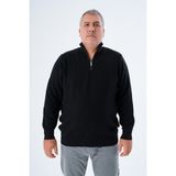 Büyük Beden Erkek Siyah Fermuarlı Dik Yaka Pirinç Örgü Pamuk Triko Kazak TRIST-2113 - 3XL