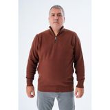 Büyük Beden Erkek Taba Fermuarlı Dik Yaka Pirinç Örgü Pamuk Triko Kazak TRIST-2113 - 5XL