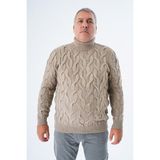 Büyük Beden Erkek Vizon Balıkçı Yaka Pirinç Saç Örgülü Yün Triko Örme Kazak TRIST-2118 - 3XL