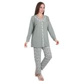 Büyük Beden Kadın Çiçek Desenli Düğmeli Rahat Kalıp Pijama Takımı – Polyamid Viskon Kumaş Haki 48