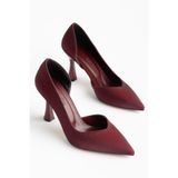 Büyük Beden Kadın İnce Topuklu Stiletto Bordo Parlak Saten Yan Açık