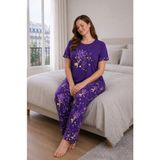 Büyük Beden Kadın Kısa Kollu Pijama Takımı Mor, Çiçek Desenli Rahat Kalıp Yumuşak Kumaş Ev Giyim - 50
