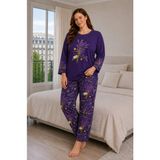 Büyük Beden Kadın Kısa Kollu Pijama Takımı Mor, Çiçek Desenli Rahat Kalıp Yumuşak Kumaş Ev Giyim - 54