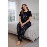 Büyük Beden Kadın Kısa Kollu Pijama Takımı Siyah, Çiçek Desenli Rahat Kalıp Yumuşak Kumaş Ev Giyim - 54