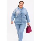 Büyük Beden Kapüşonlu Düğmeli Çiçek Dantel Ve İnci Detaylı İnce Denim Kadın Ceket