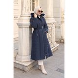 Büyük Beden Kapüşonlu Kemerli Mont 6322-02 Lacivert - 52