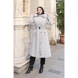 Büyük Beden Kapüşonlu Kemerli Mont 6322-03 Gri - 48