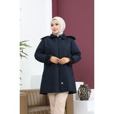 Büyük Beden Kare Desen Kapitone Mont 6141-02 Lacivert - 46