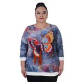 Büyük Beden Kelebek Baskılı Boncuk İşleme 3D Kışlık Bluz