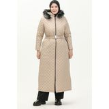 Büyük Beden Kemerli Kapitone Mont 5158-01 Bej - 44