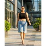 Büyük Beden Kemerli Yüksek Bel Yırtık Cepli Denim Kadın Şort