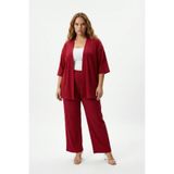 Büyük Beden Kimono Hırkalı 2’li Takım – Bürümcük Kumaş Oversize Şık Set-Bordo-4XL